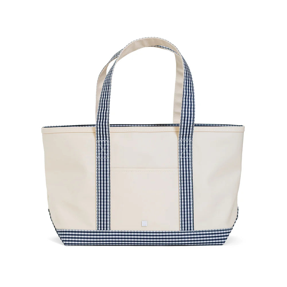 Coated Canvas Tote - Natural with Gingham Navy Trim